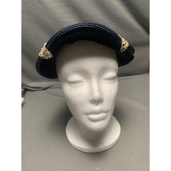 Vintage 1960s Navy Blue Velvet & Straw Hat with Gold Embellishments Adjustable - Picture 9 of 10